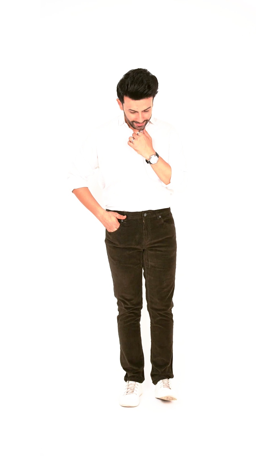 Model wearing CAPE-9 corduroy comfort-fit pants in Olive